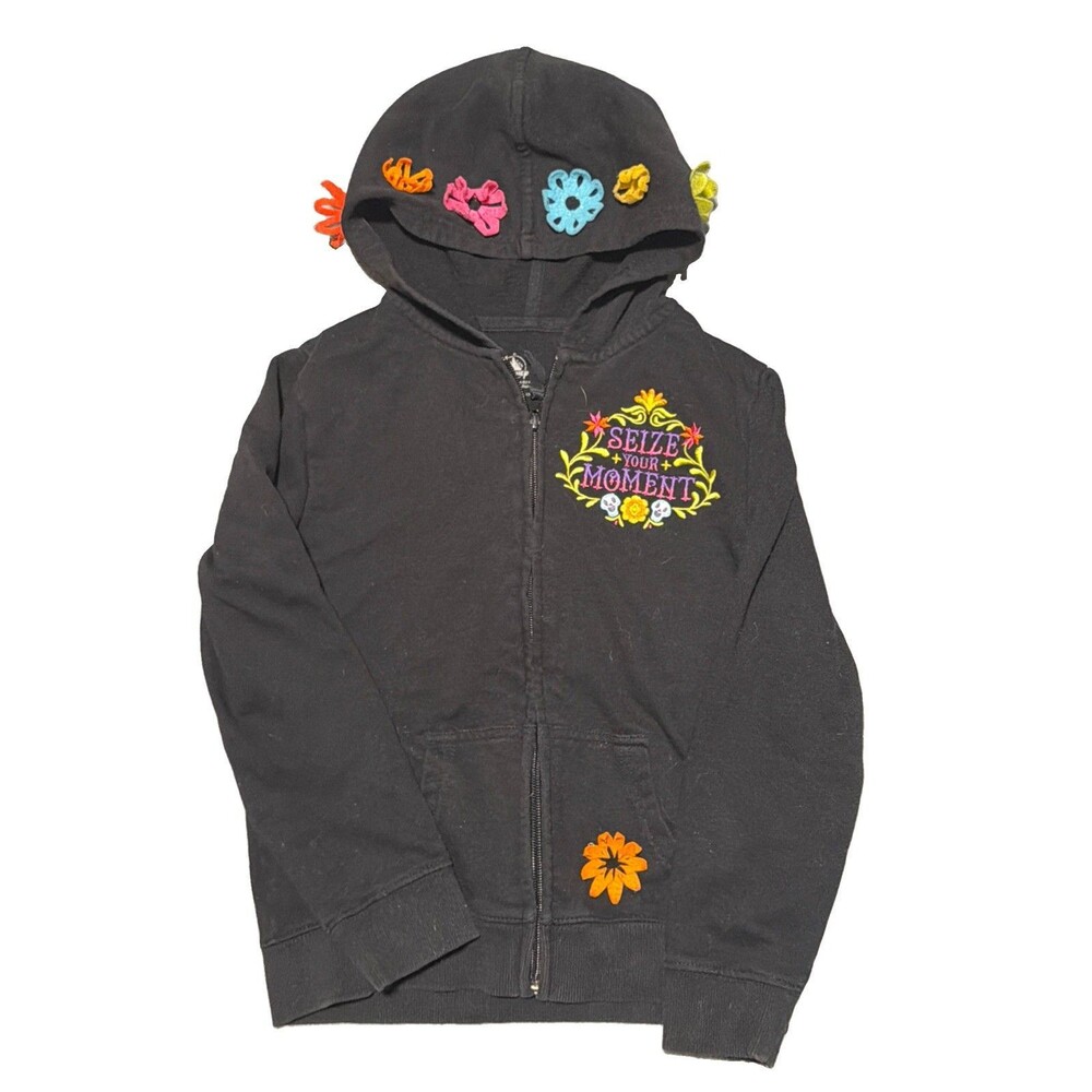 Disney Parks Coco Embroidered Hood Sweatshirt Full Zip Black Day Of Dead Youth 7